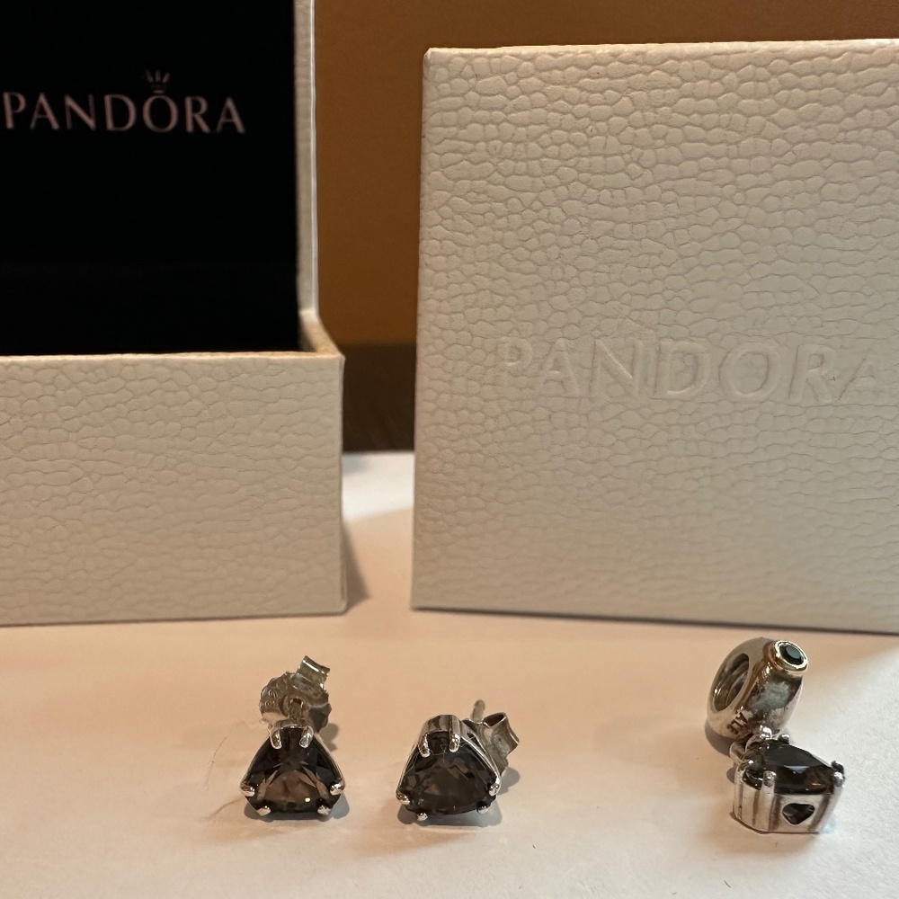 Rare - Retired Authentic Pandora Smokey Quartz Earrings and Dangle Charm